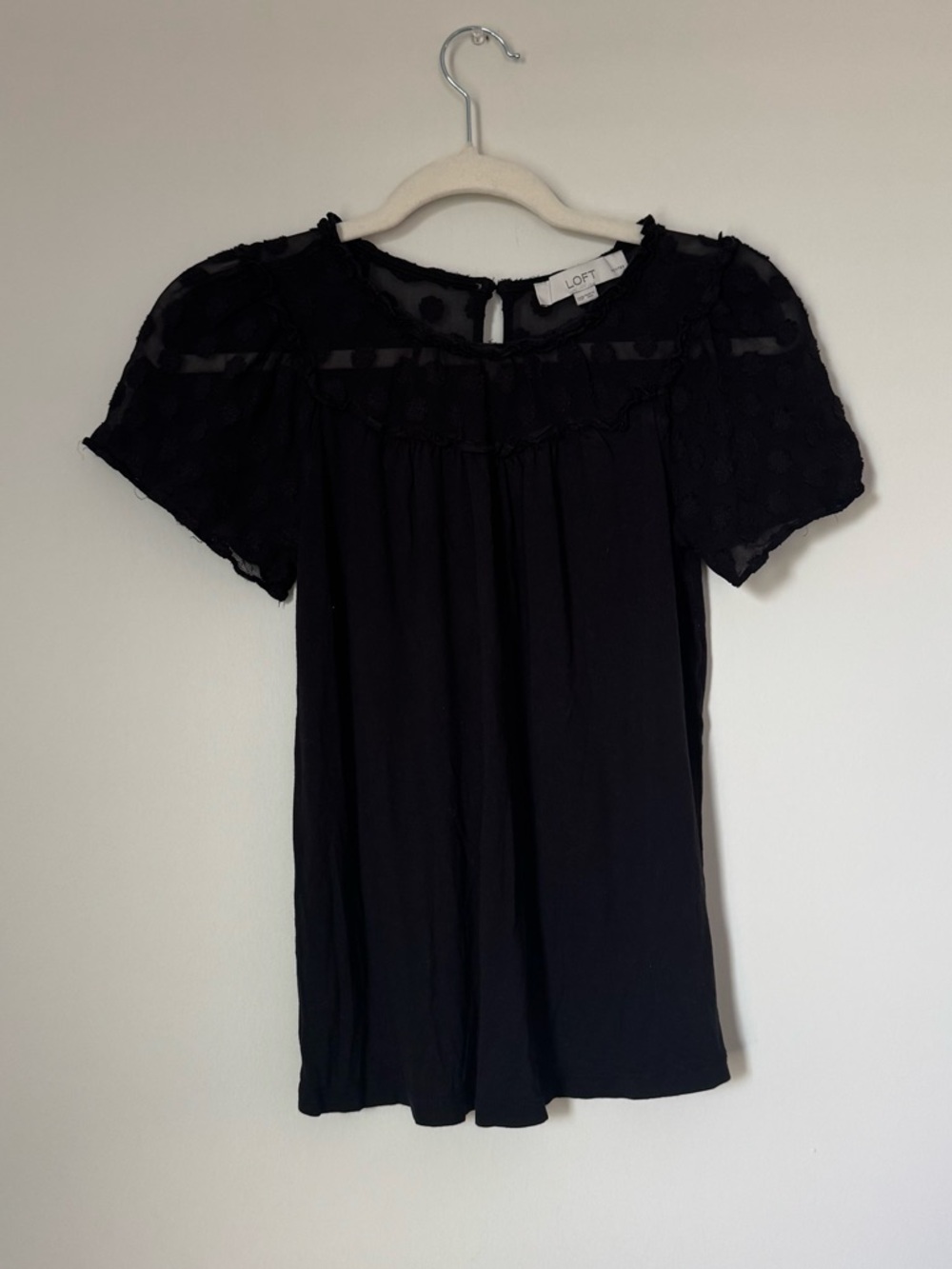 LOFT Black Lace Yoke Short Sleeve Blouse